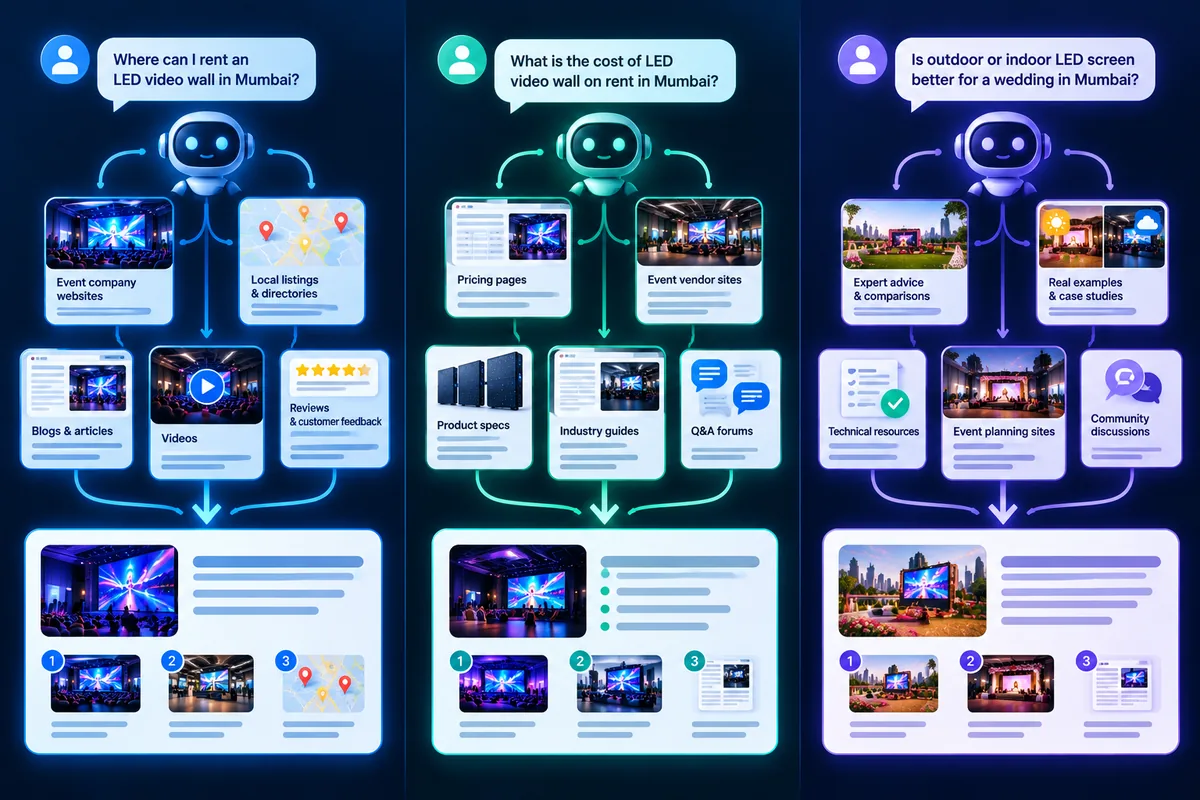 Three AI answer examples side by side for LED video wall rental in Mumbai, showing how each question draws on different types of sources before one combined answer