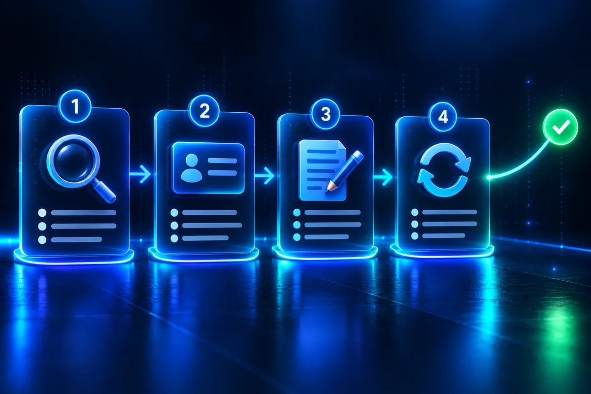 Four-week AI search optimization plan: week 1 audit, week 2 business profile and entity details, week 3 content updates, week 4 review and repeat, ending in a completed check mark