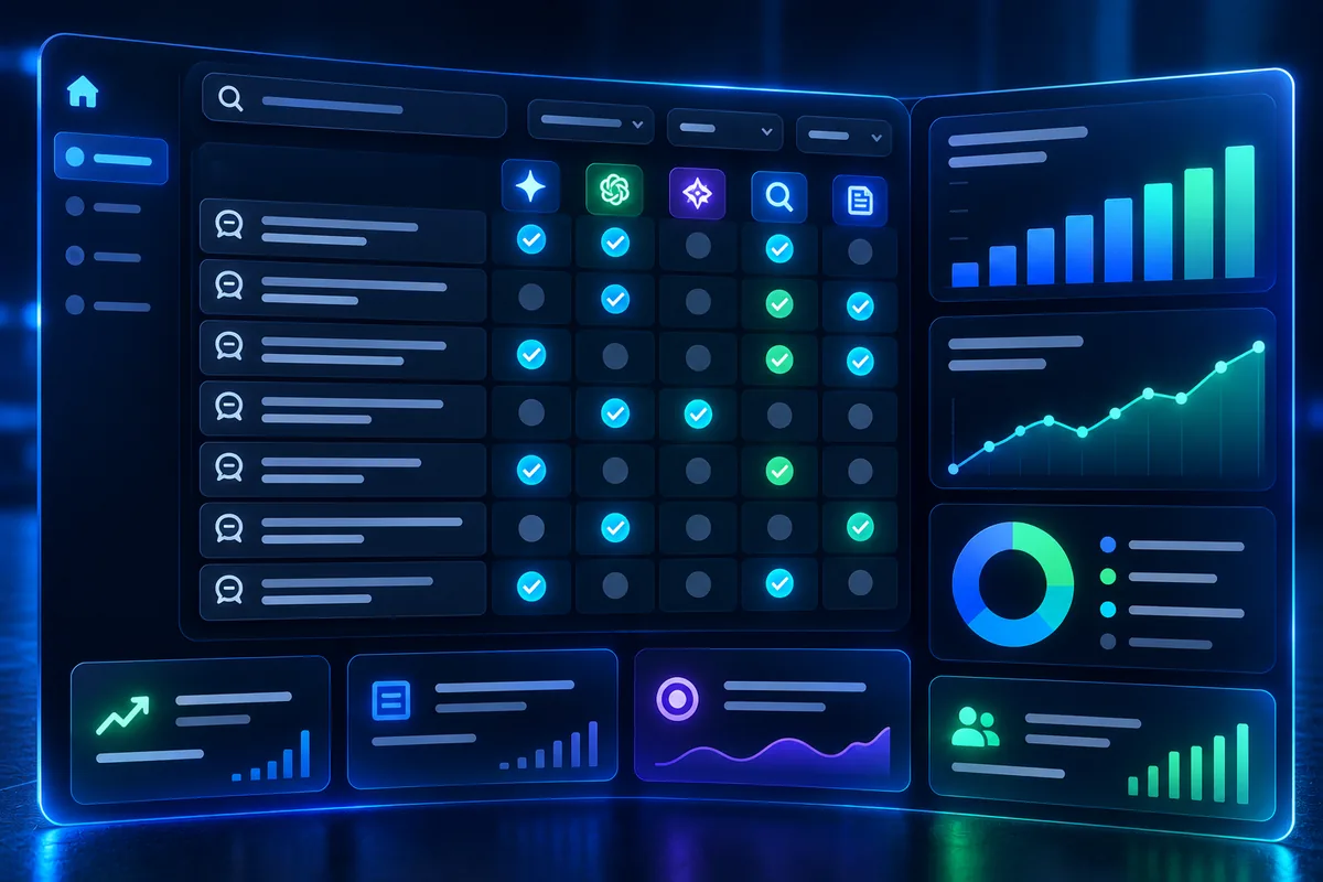 Dashboard concept for tracking AI search visibility: a grid of test questions against five AI platforms with check marks showing where a brand appears, beside trend charts