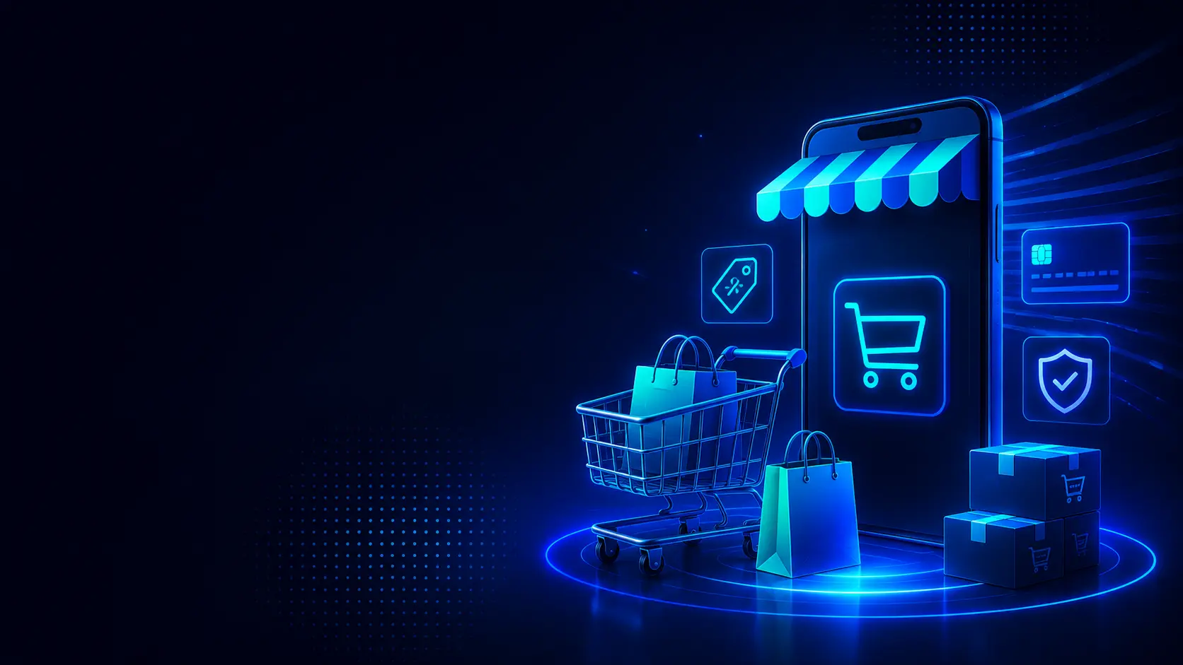 E-commerce digital marketing services illustration showing a mobile storefront, shopping cart and delivery boxes
