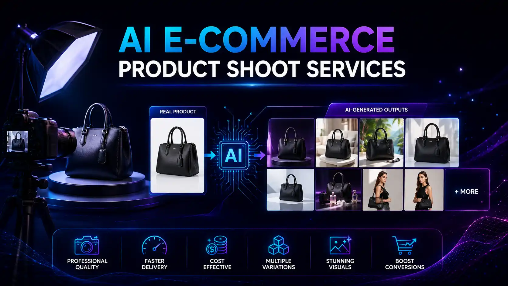 AI e-commerce product shoot services for Borivali and Mumbai sellers — a product photographed once, then AI-generated into catalogue, lifestyle and marketplace-ready images