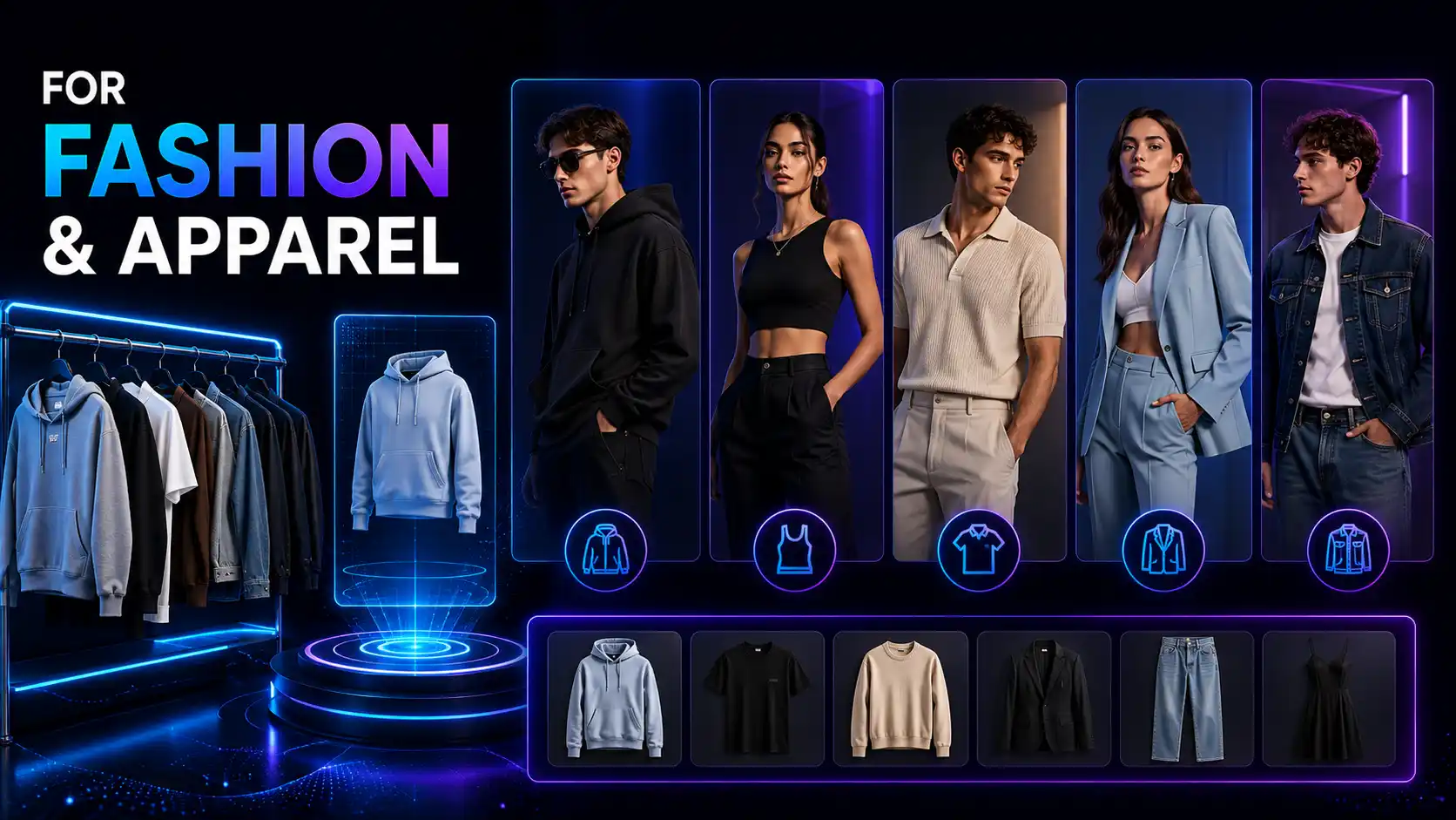 AI-generated fashion and apparel imagery for Borivali clothing sellers — models wearing hoodies, blazers, jackets and dresses in varied settings