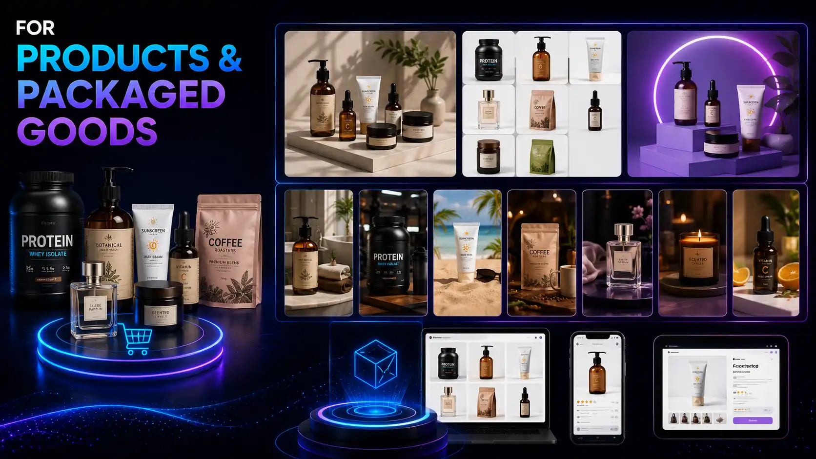 AI-generated packaged goods imagery for Borivali D2C brands — protein powder, skincare, coffee and perfume shown in clean catalogue and lifestyle settings