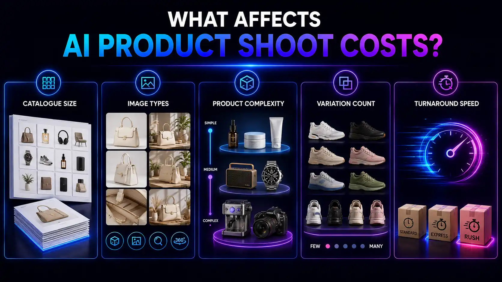 Five factors affecting AI product shoot costs for Borivali sellers: catalogue size, image types, product complexity, variation count and turnaround speed