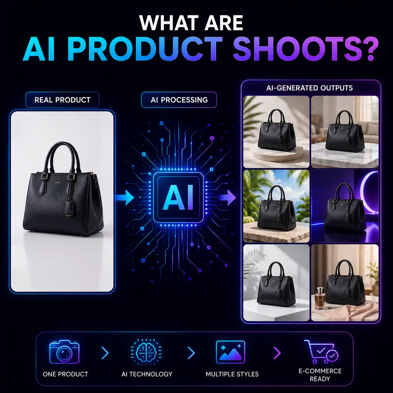 A single real product photo processed by AI into six varied generated outputs, used by Borivali sellers instead of a traditional studio shoot