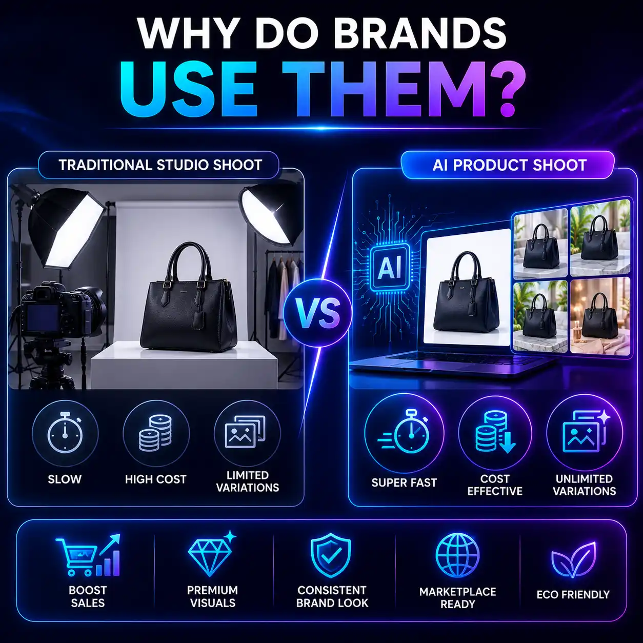 Traditional studio shoot versus AI product shoot compared side by side — why Borivali sellers choose AI for faster, more cost-effective imagery