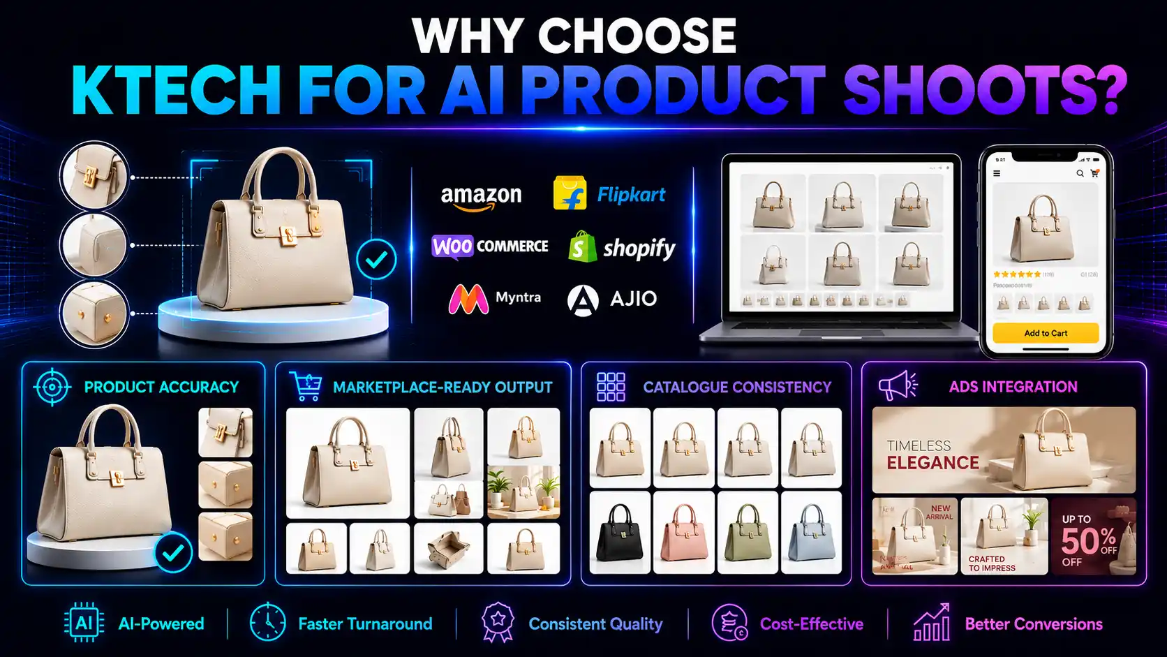 Reasons Borivali sellers choose Ktech for AI product shoots — product accuracy, marketplace-ready output for Amazon, Flipkart, Myntra and Shopify, catalogue consistency and ads integration