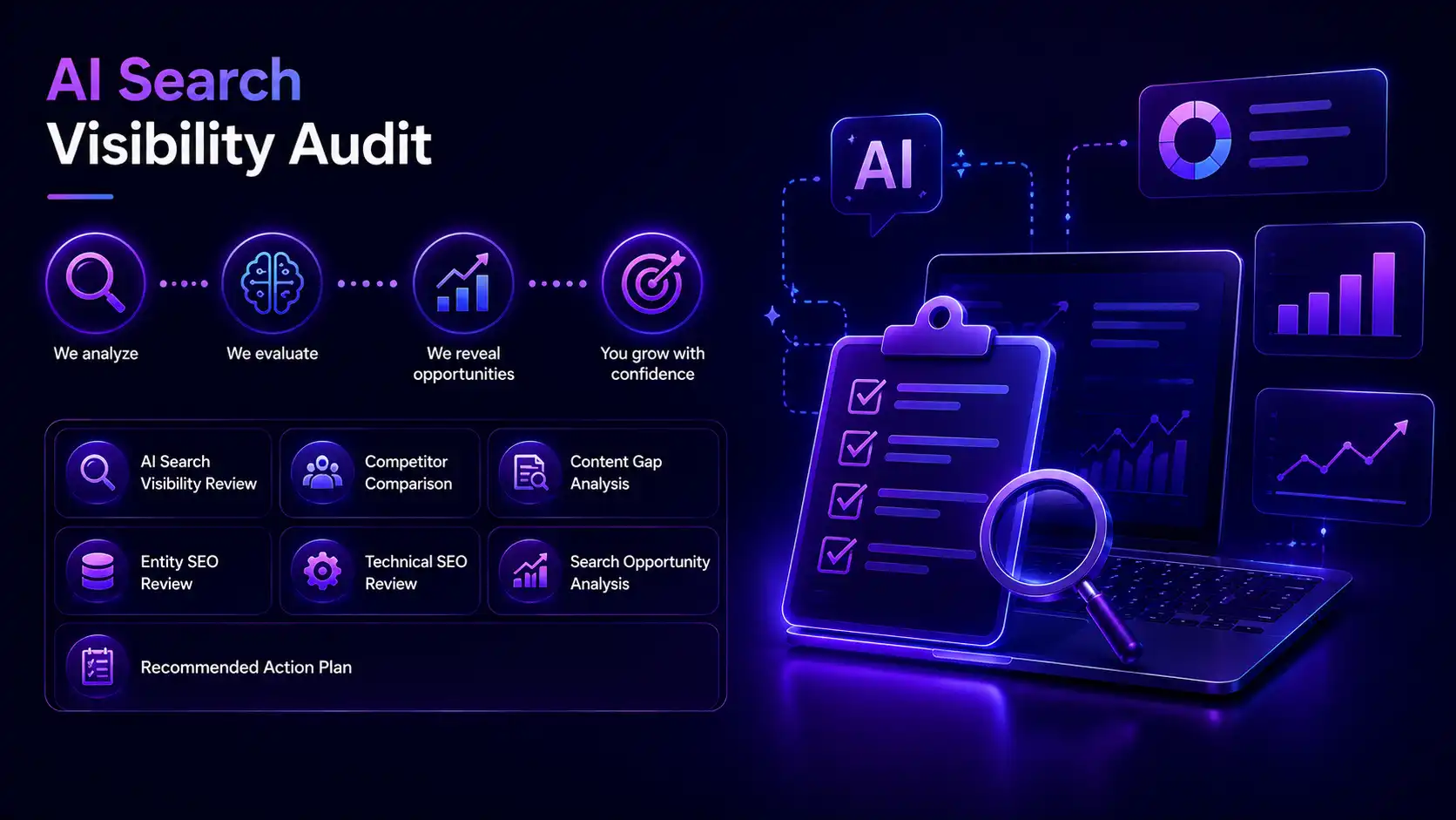 AI search visibility audit covering visibility review, competitor comparison, content gap analysis, entity SEO, technical SEO, search opportunity analysis and a recommended action plan