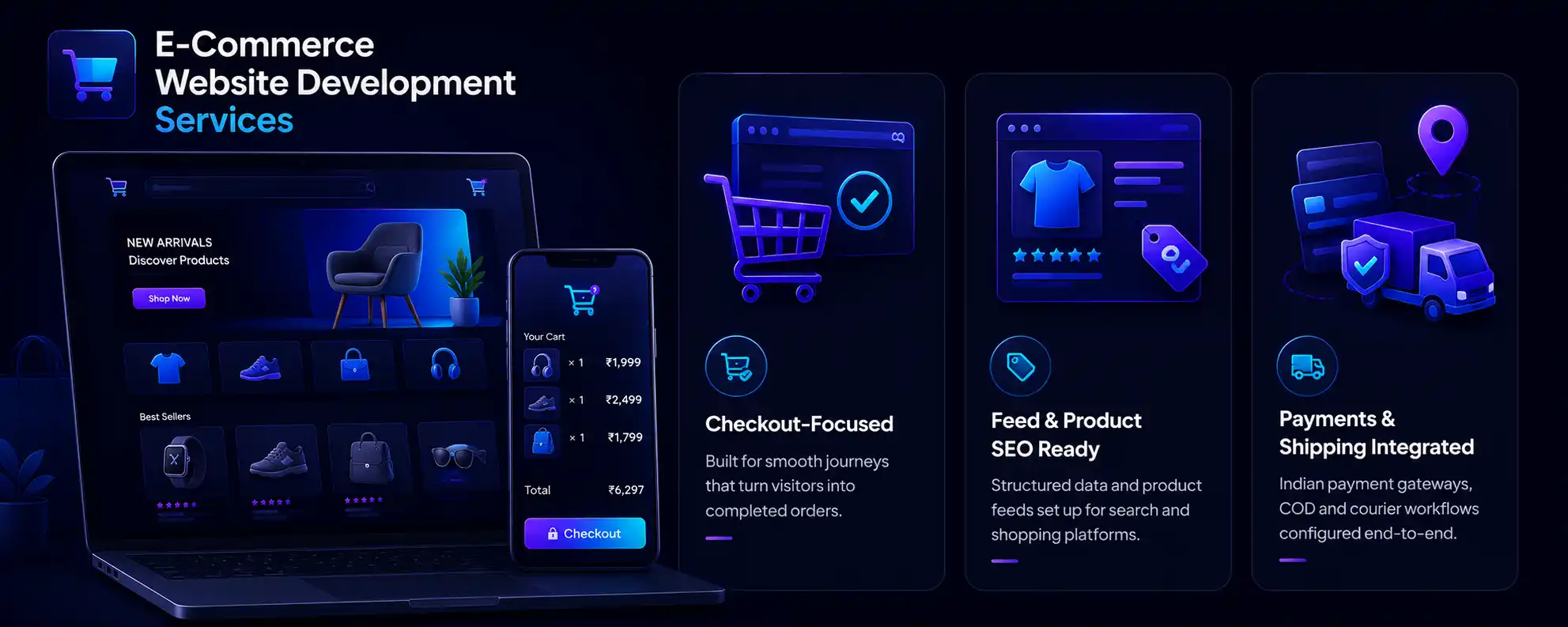 E-commerce store shown on laptop and mobile with a live cart, alongside checkout-focused build, product SEO and integrated payments and shipping