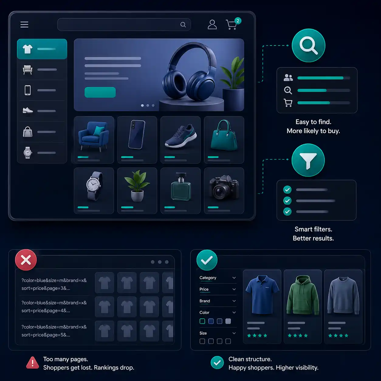 Multi-category catalogue store with category navigation, search and smart filters, contrasting messy filter URLs that lose shoppers against a clean crawlable structure