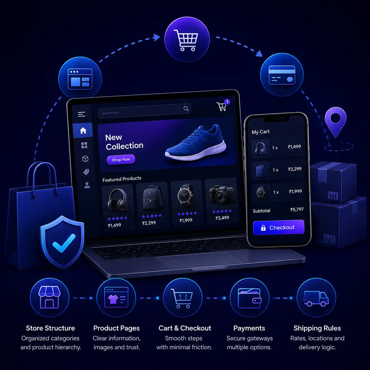 What e-commerce development involves: store structure, product pages, cart and checkout, payments and shipping rules working together
