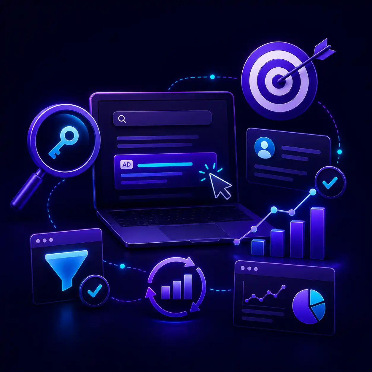 Google Ads agency workflow covering keyword research, ad creation, conversion funnel, ongoing optimisation and performance reporting