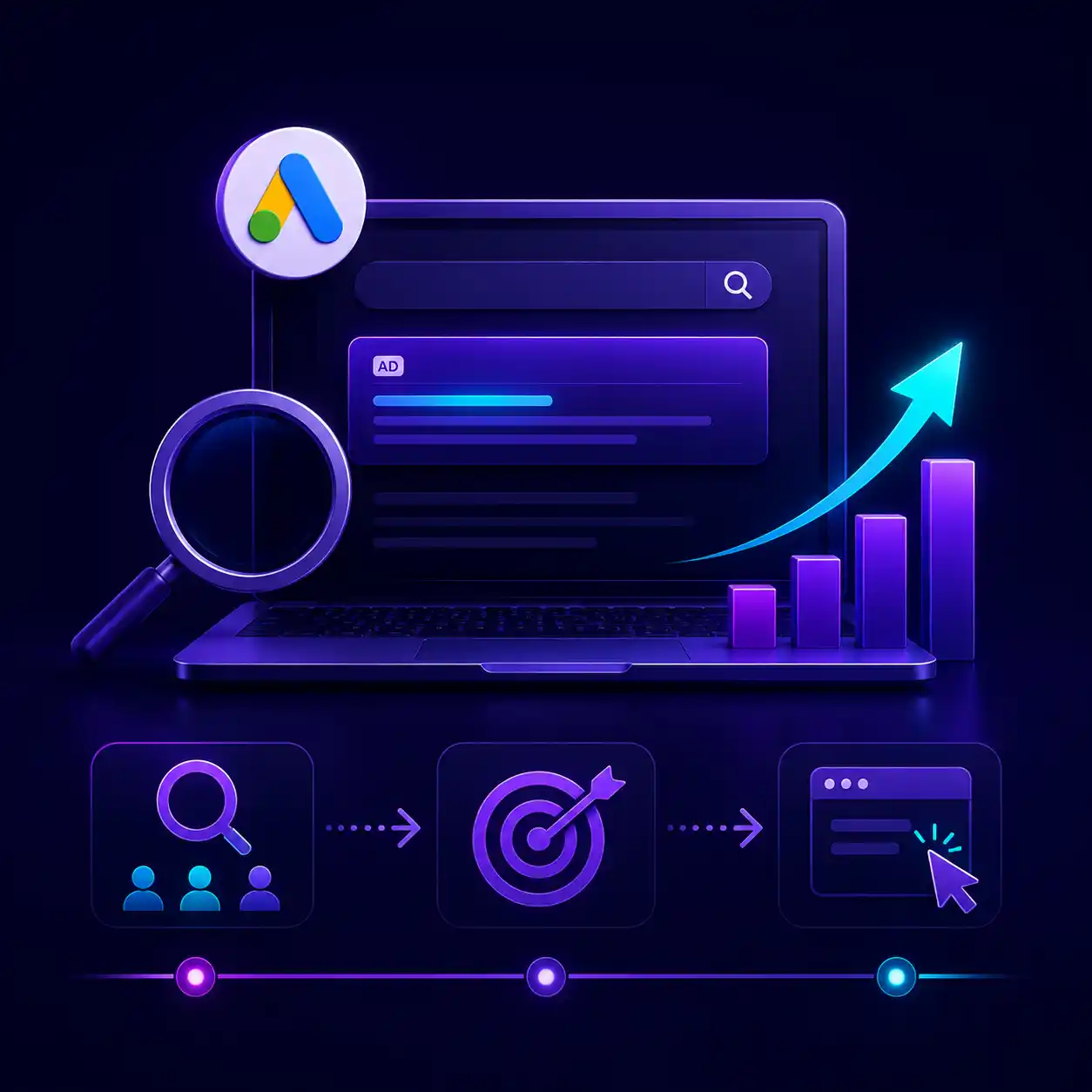 How Google Ads works — a search results page with a paid ad listing, moving through audience targeting to a click and rising performance