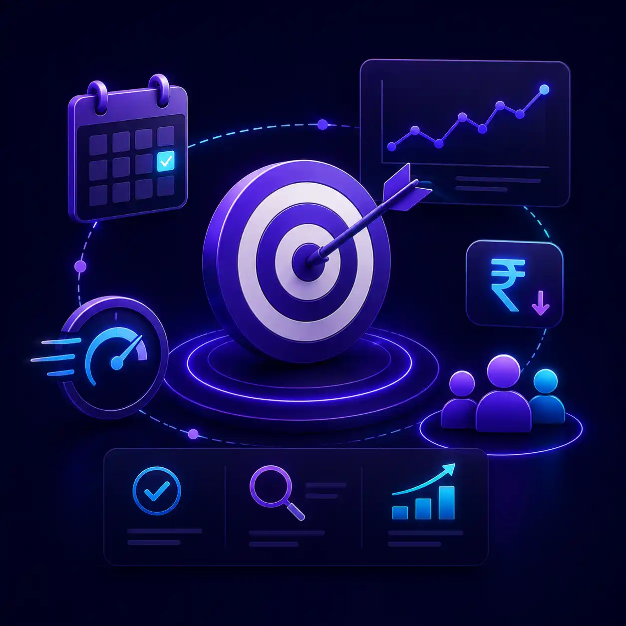 Why businesses use Google Ads — precise targeting shown with a bullseye, fast launch, controlled cost per result and measurable audience reach