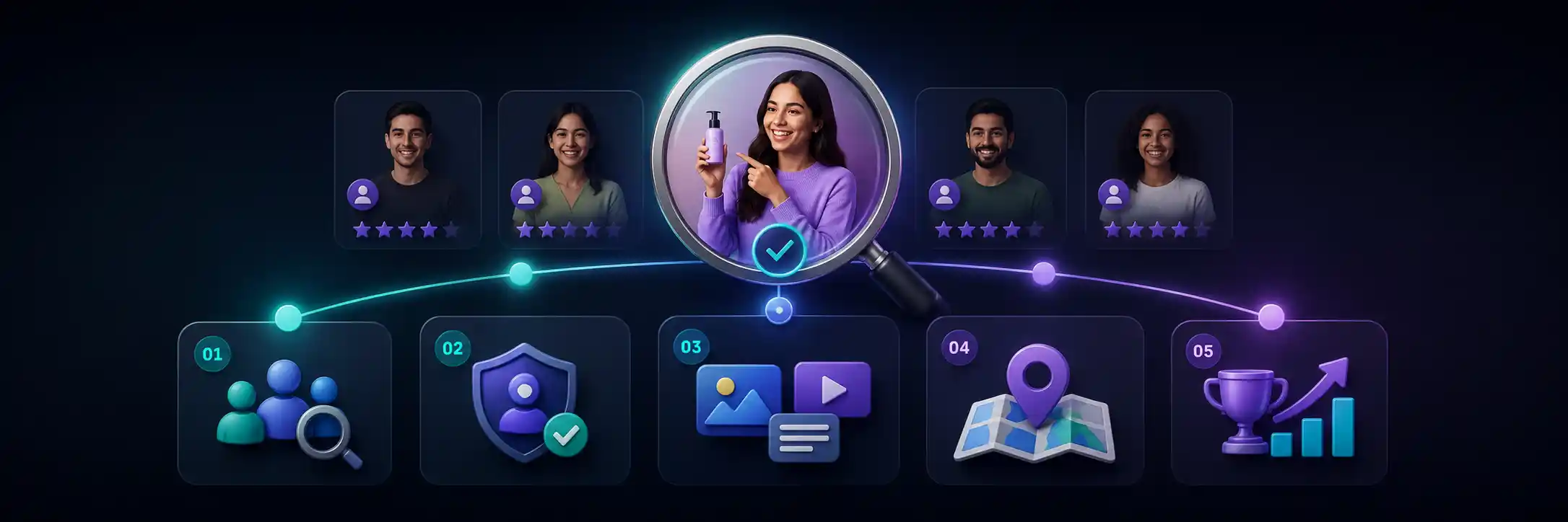 Five-step influencer vetting process showing audience overlap, engagement authenticity, content fit, location match and campaign results