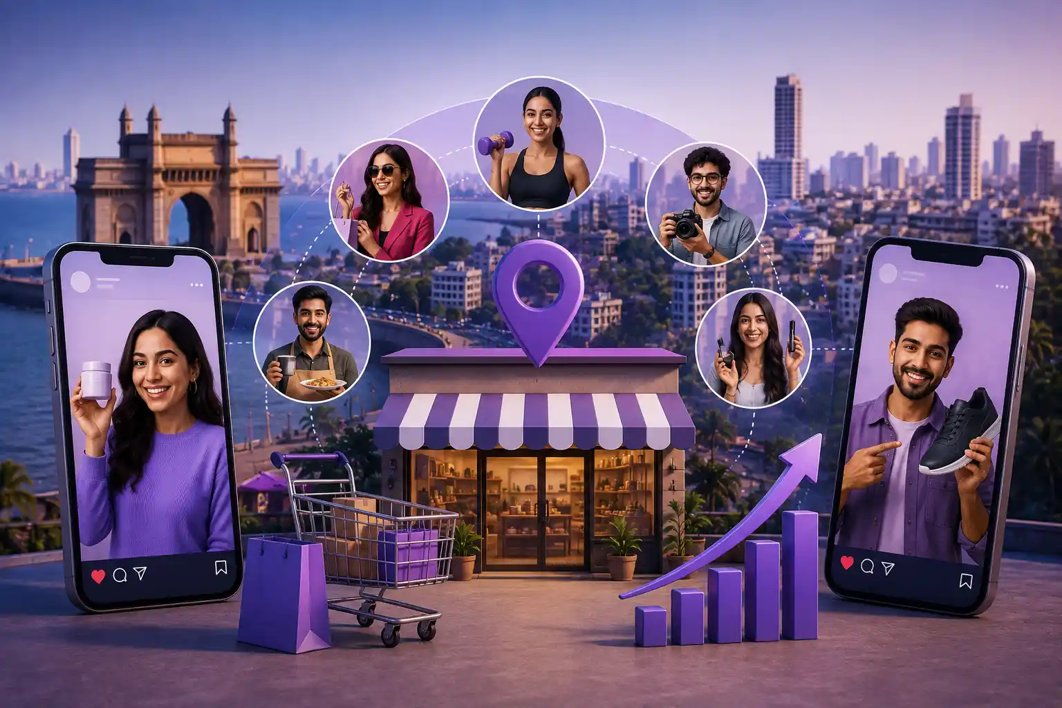 Mumbai skyline with the Gateway of India, surrounded by local food, fashion, fitness and lifestyle creators promoting a neighbourhood store
