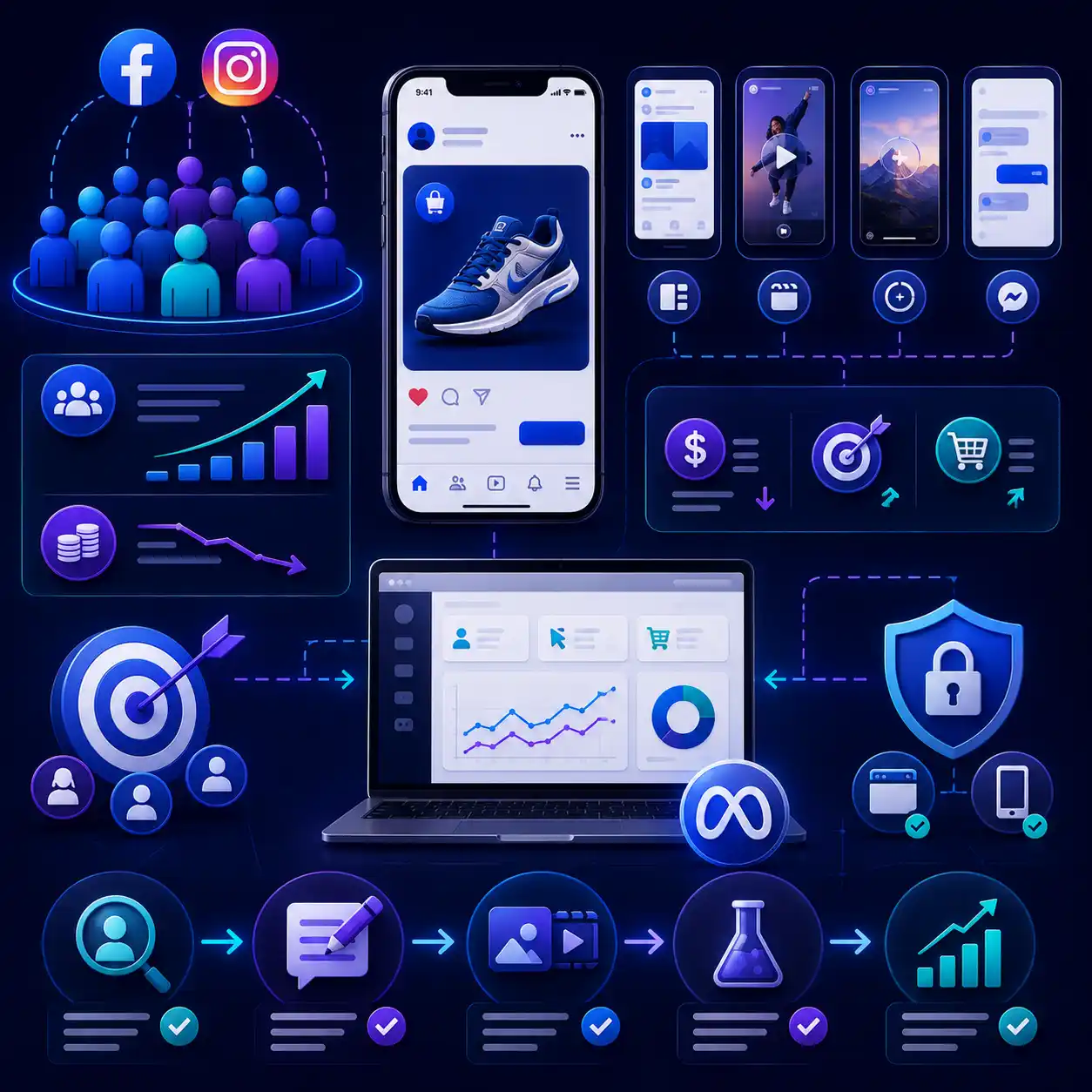 What a Meta Ads agency does: audience research, ad copy, creative production, structured testing and performance reporting across Facebook and Instagram