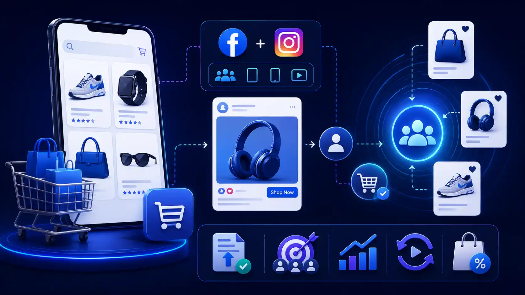 Meta Ads for e-commerce brands showing a product catalogue feeding dynamic ads and retargeting that recovers shoppers who viewed products but did not purchase