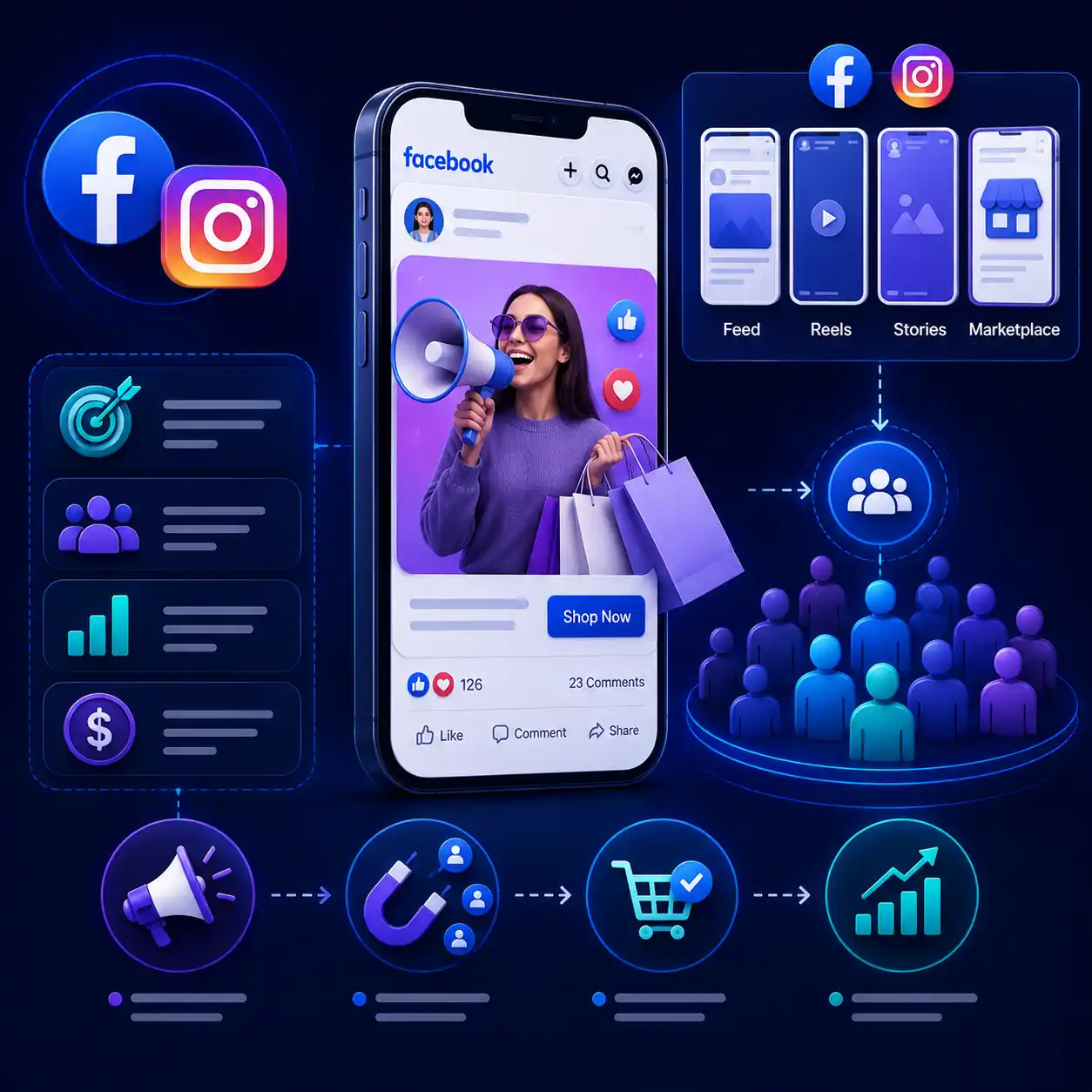 Meta Ads placements across Facebook and Instagram feed, reels, stories and marketplace, reaching an audience and driving them to a shop now action