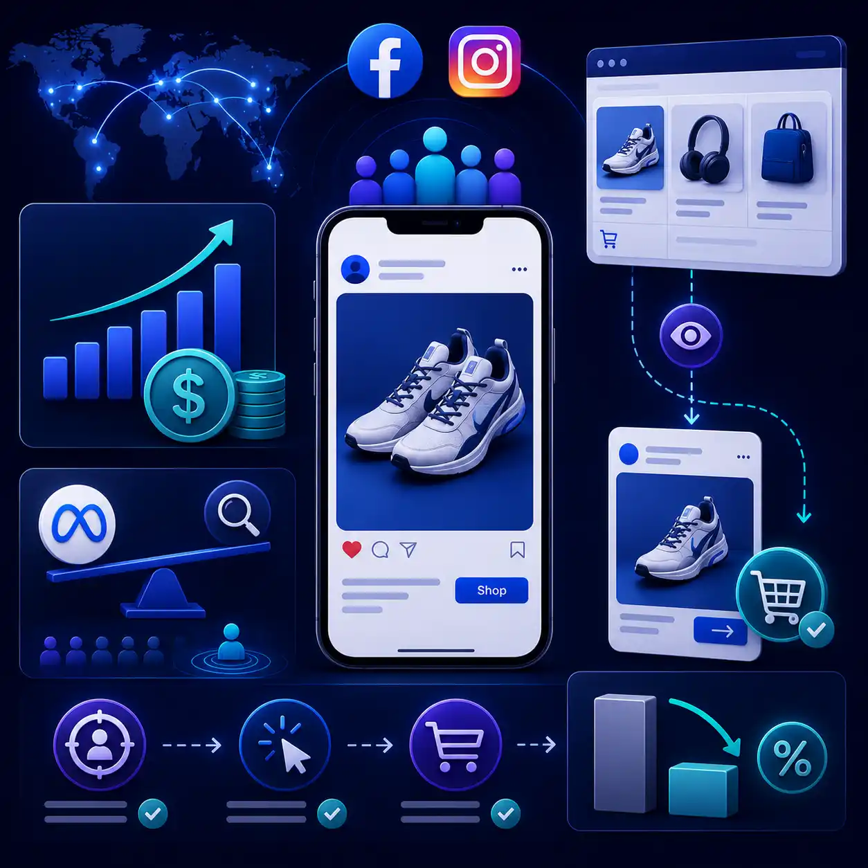 Why businesses use Meta Ads — broad audience reach at lower cost, visual product formats and retargeting that brings back people who browsed but did not buy