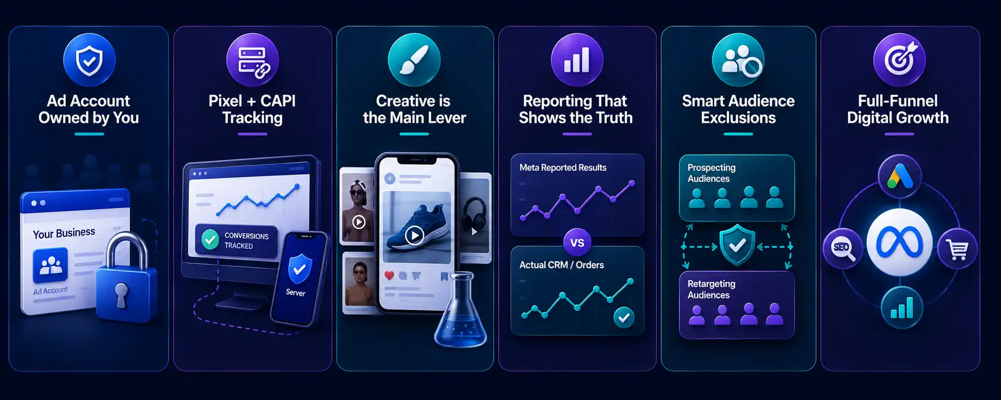 Why choose Ktech for Meta Ads: you own the ad account, Pixel and CAPI tracking, creative-led testing, honest reporting and audience exclusions