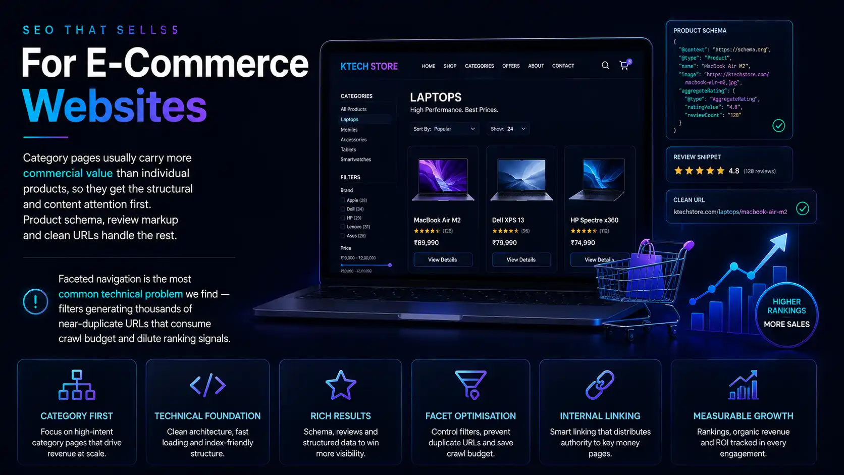SEO for e-commerce websites showing optimised category pages, product schema, review markup and clean URLs, with faceted navigation controlled