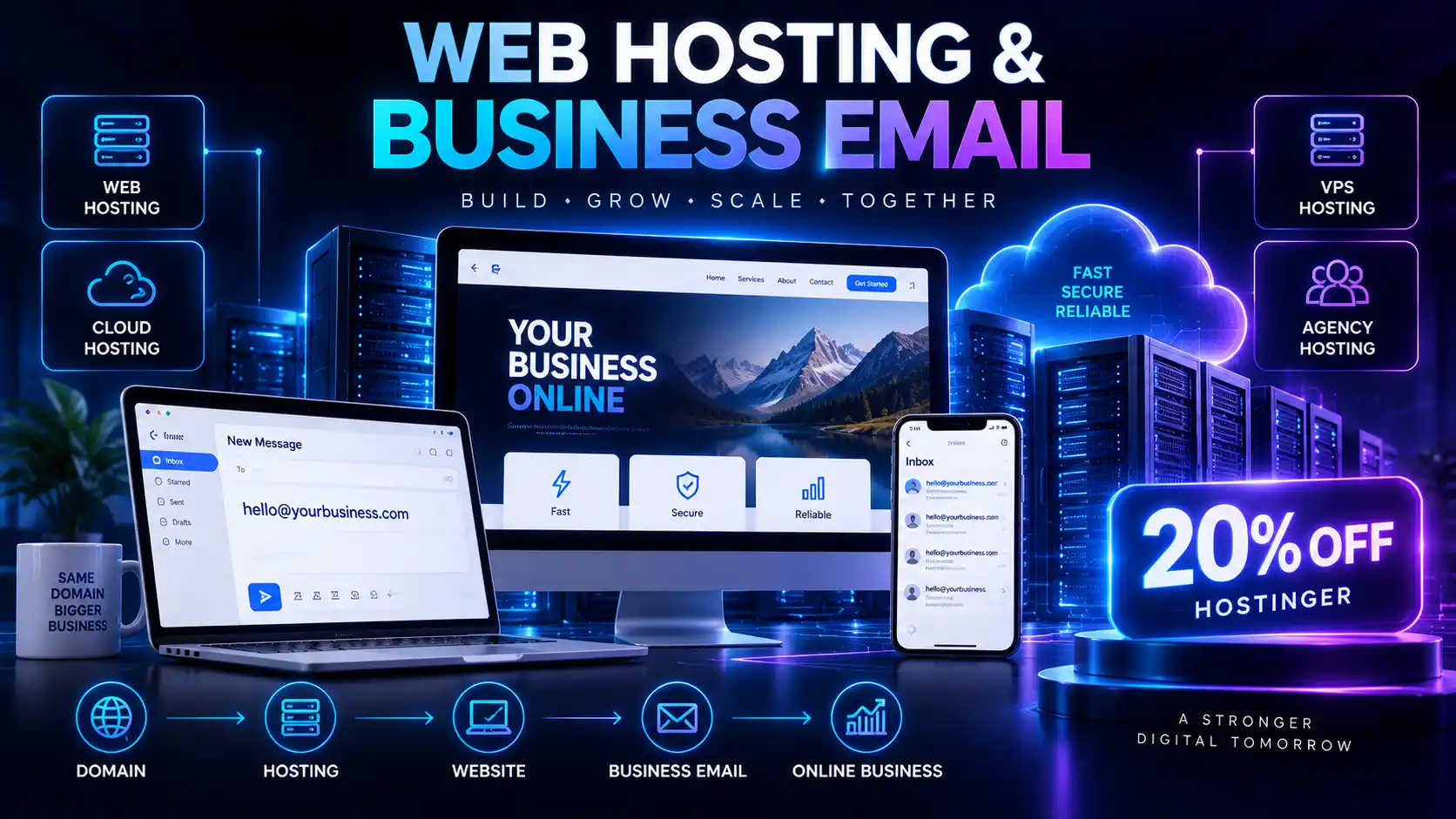 Web hosting services in Mumbai — web hosting, cloud hosting and VPS hosting icons connected to a business website with a 20% off Hostinger offer