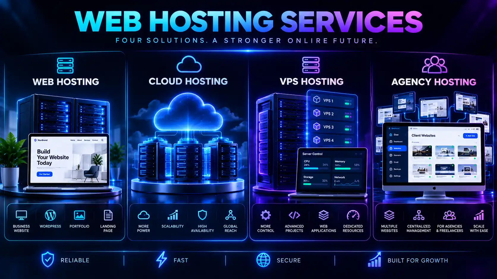 Four web hosting solutions compared: web hosting, cloud hosting, VPS hosting and agency hosting, each with their own icon and use case