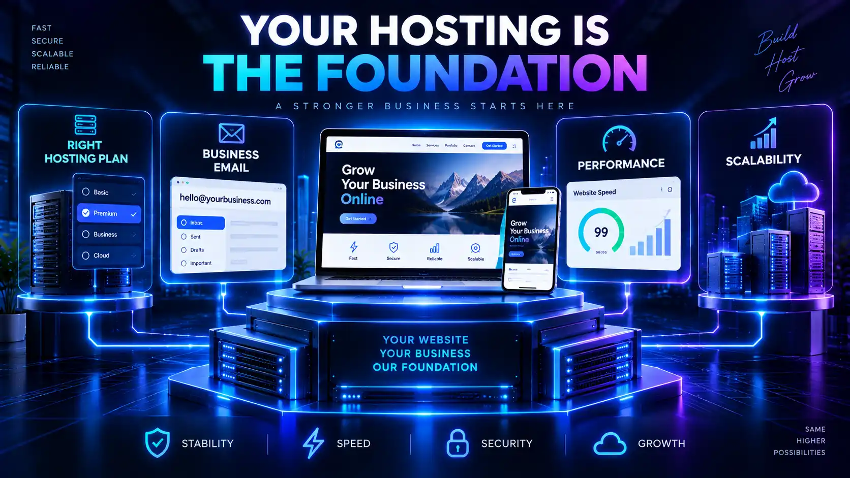 Your hosting is the foundation of your website — right hosting plan, business email, performance and scalability shown around a business website dashboard