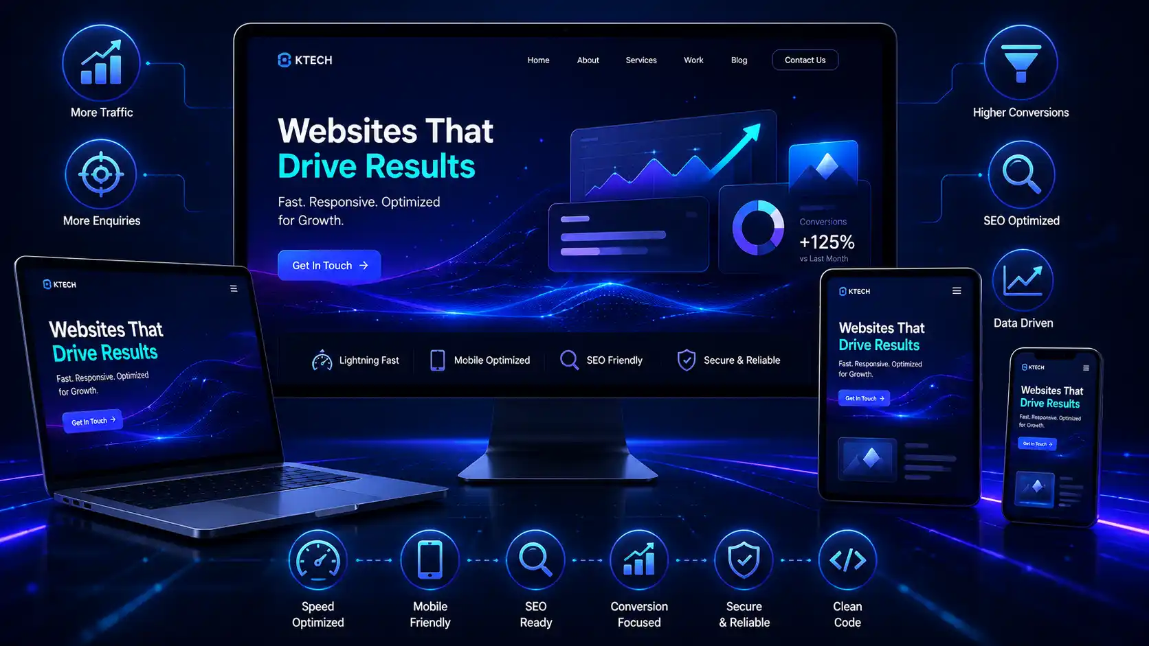 Responsive website shown on desktop, laptop, tablet and mobile with speed, mobile, SEO, conversion, security and clean code highlighted