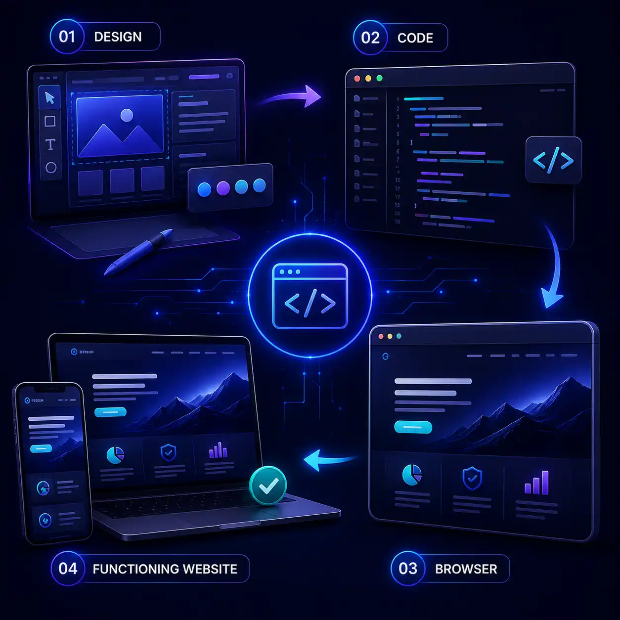 How website development works: design, then code, rendered by the browser into a functioning responsive website