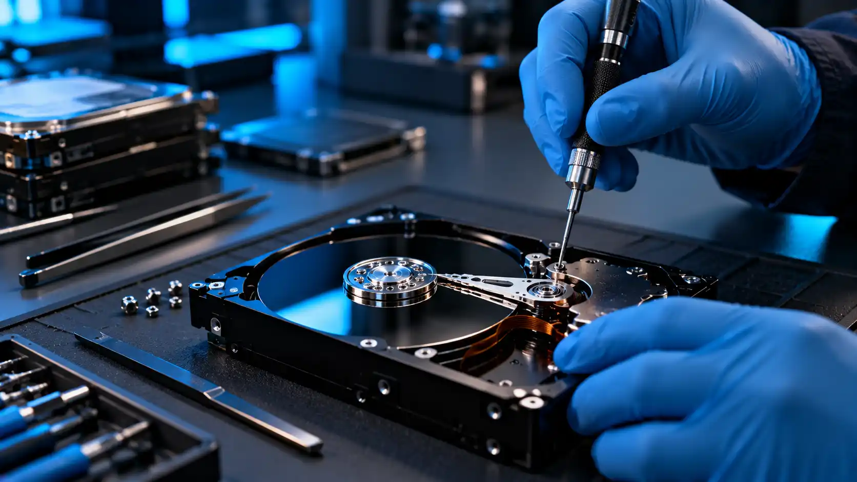 Technician carefully repairing an open hard drive during professional data recovery in Malad