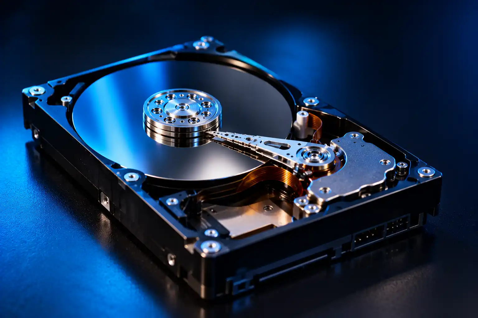 Opened hard drive with platters and read/write head — hard drive recovery in Malad