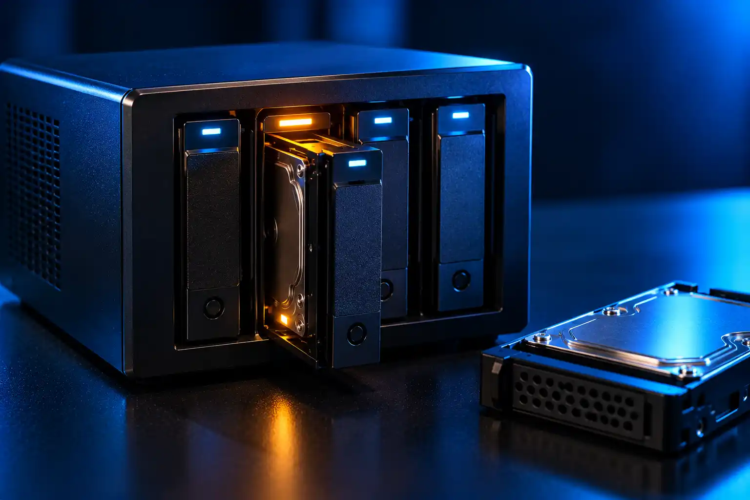 RAID NAS enclosure with a drive bay removed — RAID and server recovery in Malad