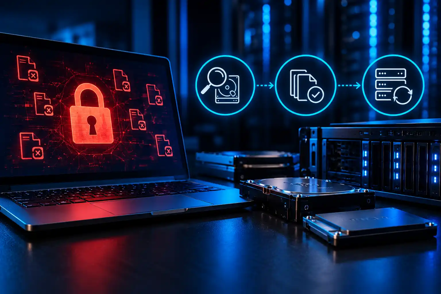 Ransomware-encrypted laptop beside hard drives and a server — ransomware data recovery in Malad