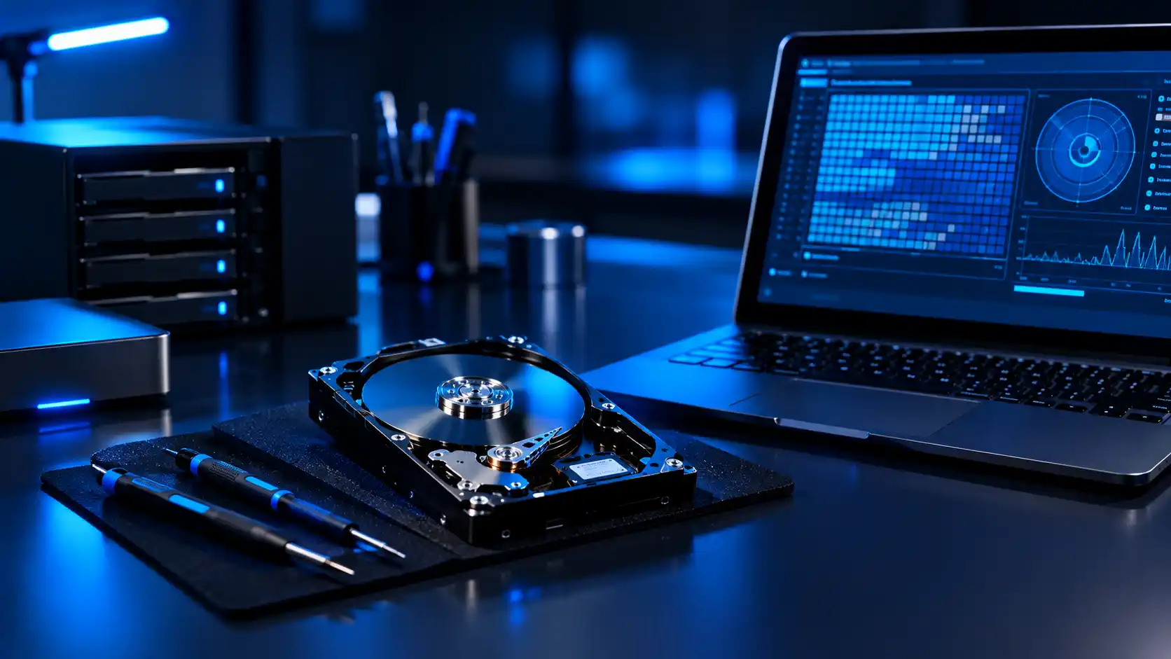 Opened hard drive beside a laptop running a diagnostic scan — diagnosis-first data recovery in Malad